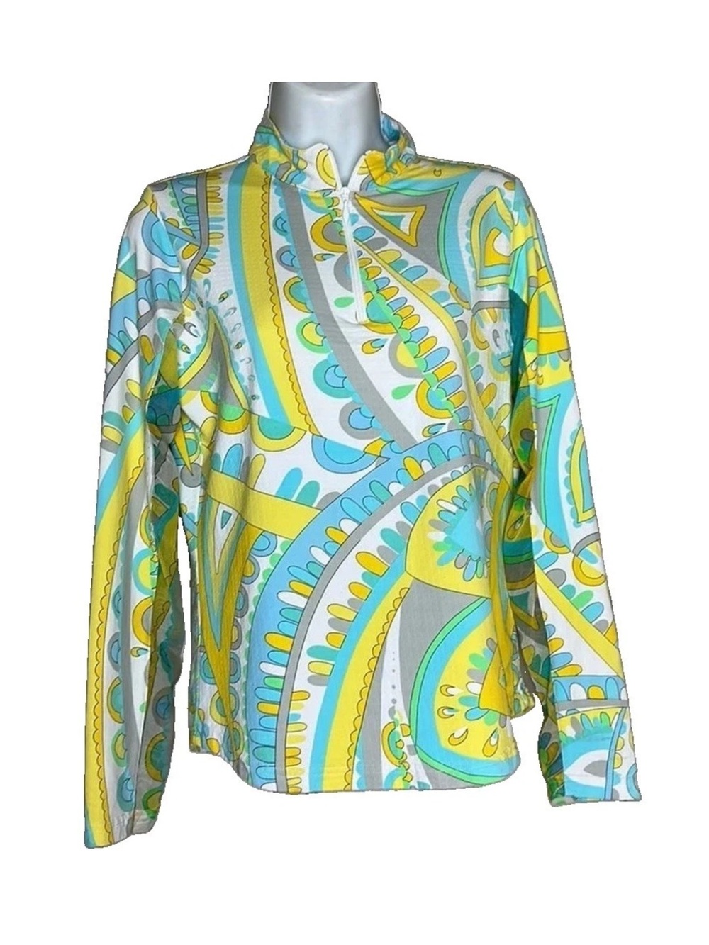 Icikuls Womens Small Golf Top Paisley Long Sleeve Quarter Zip UPF 50 Yellow Blue